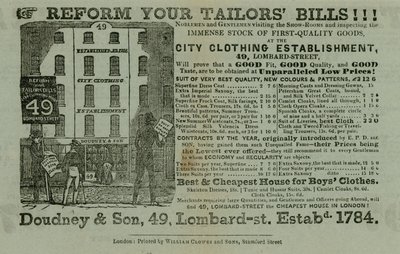 Anúncio para Doudney & Son, estabelecimento de vestuário da cidade, 49 Lombard Street, London de English School