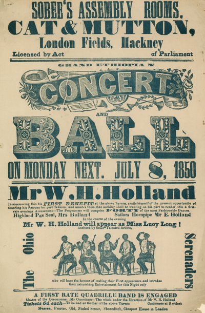Anúncio do Grande Concerto e Bola da Etiópia, 8 de julho de 1850, no Sobees Assembly Rooms de English School