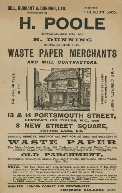 Anúncio para H Poole e H Dunning, comerciantes de papel e empreiteiros de moinho de English School