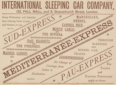 Anúncio para International Sleeping Car Company, 122 Pall Mall e 5 Graceshurch Street, 1888 de English School