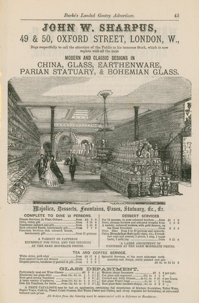 Anúncio para John W Sharpus, desenhos modernos e clássicos na china, vidro, barro, estátuas parianas e vidro boêmio de English School