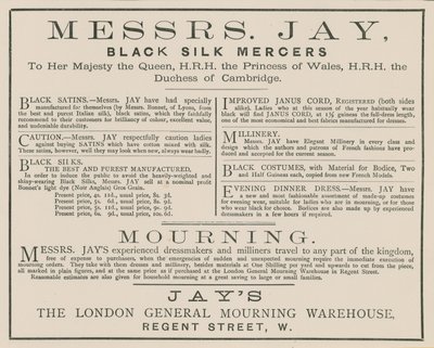 Anúncio para os senhores Jay, o armazém de luto geral de Londres, Regent Street de English School
