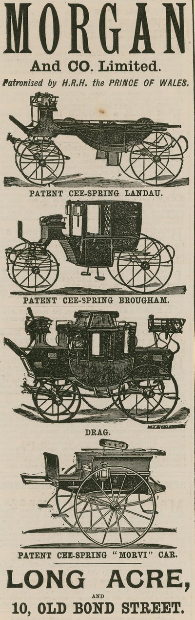 Anúncio para Morgan & Co Ltd, fabricantes de carros, Long Acre e 10 Old Bond Street, Londres de English School