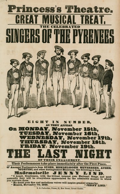 Anúncio para Princesss Theatre, em Londres, com os cantores dos Pirinéus de English School