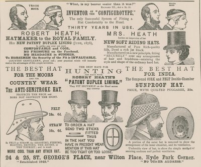 Anúncio de Robert Heath, chapeleiro da família real de English School