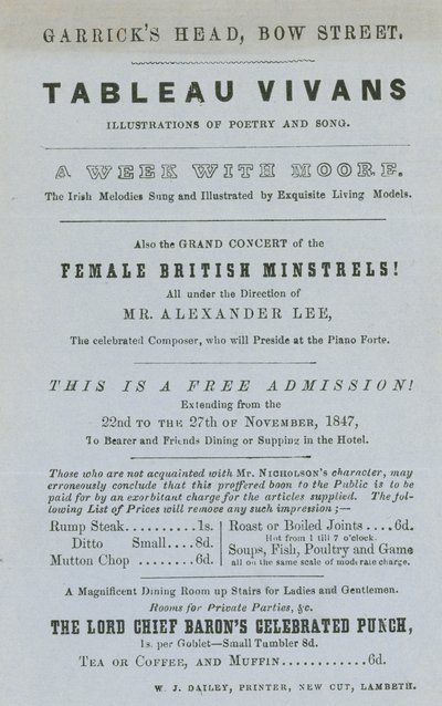 Anúncio de Tableau Vivans, ilustrações de poesia e música, Garricks Head, Bow Street, Londres de English School