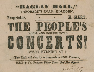 Anúncio para os concertos vocais e instrumentais de povos, Raglan Hall de English School