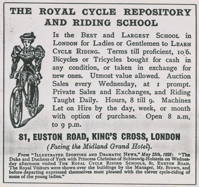 Anúncio para o Royal Cycle Repository and Riding School de English School
