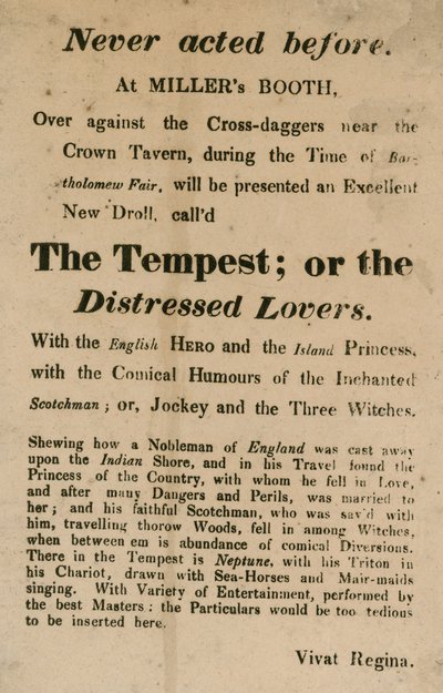 Anúncio para a tempestade; ou The Distressed Lovers, apresentado no Millers Booth, Cross Daggers, perto da Crown Tavern de English School