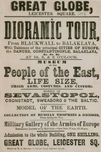 Anúncio para um passeio de Dioramic de Blackwall para Balaklava, com tableaux das principais cidades da Europa de English School