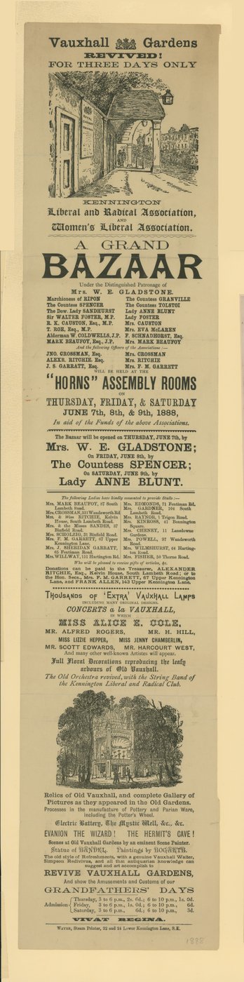 Anúncio para um Grande Bazar em Vauxhall Gardens de English School