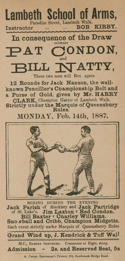 Anúncio para uma luta de boxe entre Pat Condon e Bill Natty de English School