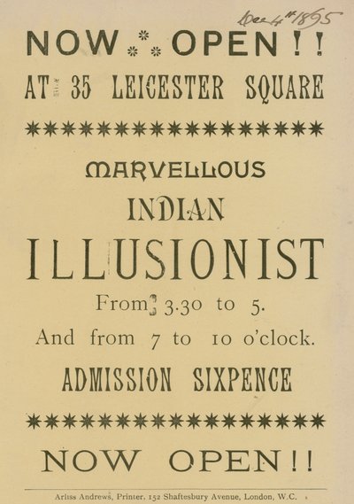 Anúncio para um Illusionist indiano que aparece em 35 Leicester Square, Londres de English School