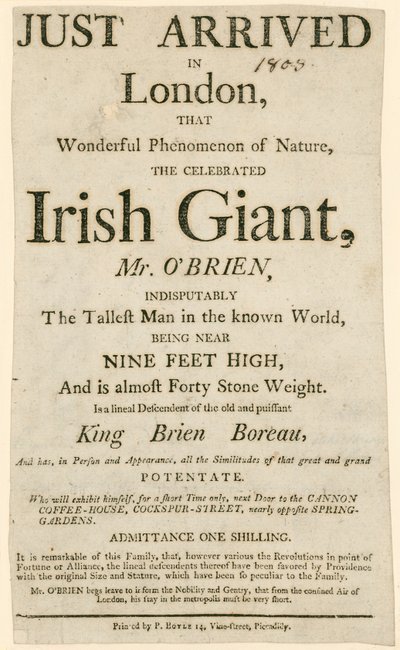 Anúncio para uma aparição de Charles Byrne, também conhecido como Obrien the Irish Giant, o homem mais alto do mundo conhecido de English School