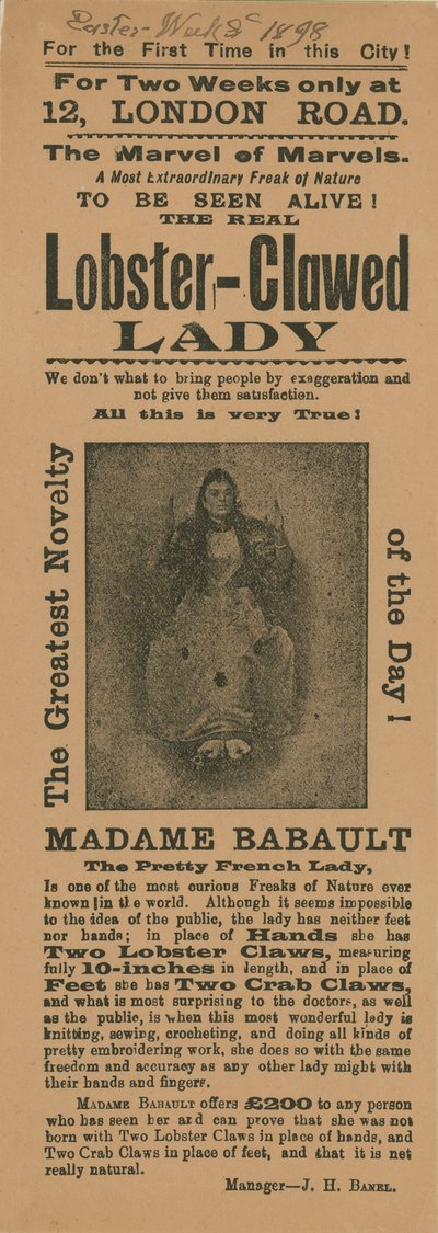 Anúncio para uma aparição de Madame Babault, a senhora com garras de lagosta de English School