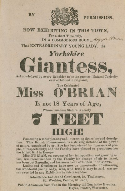 Anúncio para uma aparição de Miss OBrian, o Yorkshire Giantess de English School