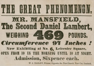 Anúncio para uma aparição do Sr. Mansfield, um segundo Daniel Lambert, pesando 469 libras de English School