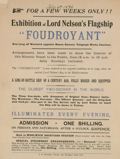 Anúncio para uma exposição de Lorde Nelsons emblemática Foudroyant de English School