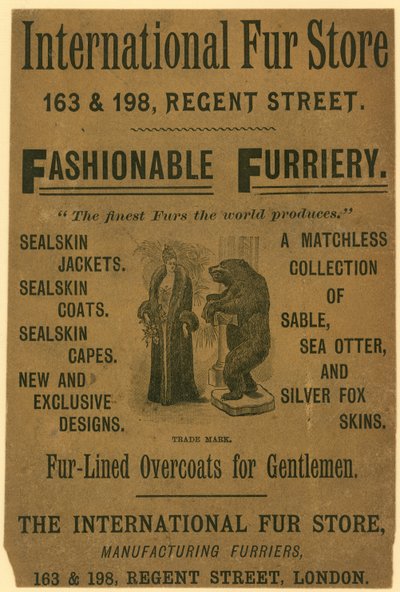 Anúncio para a International Fur Store, 163 & 198 Regent Street, Londres de English School