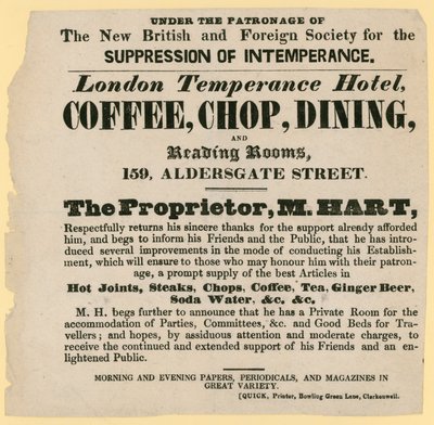 Anúncio para o London Temperance Hotel, sob o patrocínio da Nova Sociedade Britânica e Estrangeira para a Supressão da Intemperança de English School