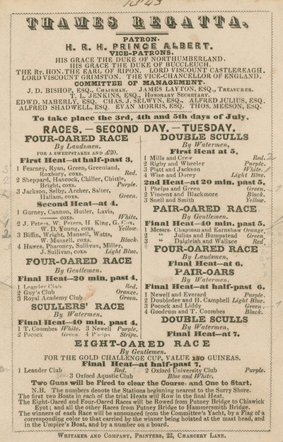 Anúncio para a Regata do Tamisa, 1843 de English School