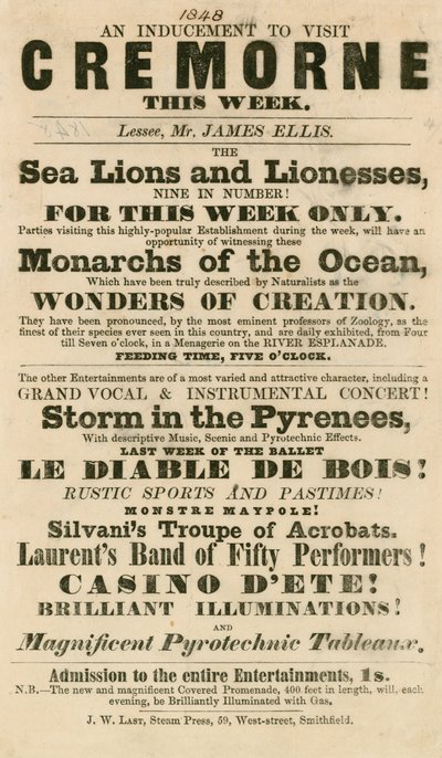 Anúncio para o aparecimento de leões marinhos e leoas em Cremorne Gardens, Londres, em 1848 de English School