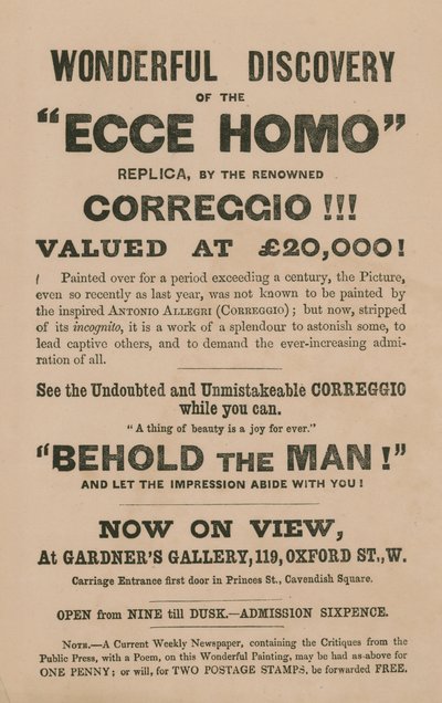 Anúncio para a exposição de uma réplica da pintura Ecce Homo por Correggio (Antonio Allegri) de English School