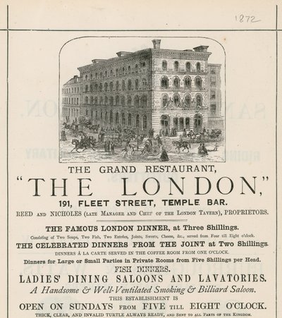 Anúncio para o grande restaurante The London, 191 Fleet Street, Temple Bar de English School