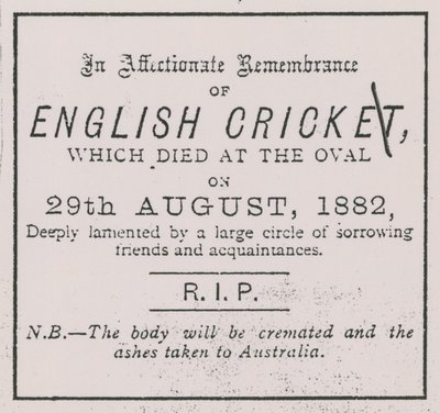 Anúncio do Sporting Times em agosto de 1882, que introduziu o conceito das cinzas de English School