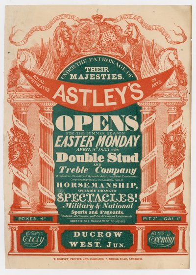 Anúncio para Astleys Amphitheater, abrindo para a temporada de verão, 8 de abril de 1833 de English School