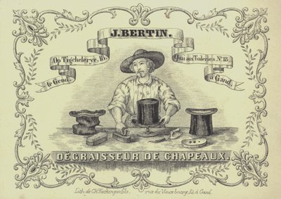 Anúncio para J Bertin, limpador de chapéus, Ghent, Bélgica (litho) de English School