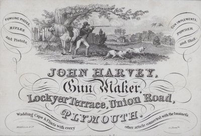 Anúncio para John Harvey, fabricante de armas, Plymouth, Devon de English School