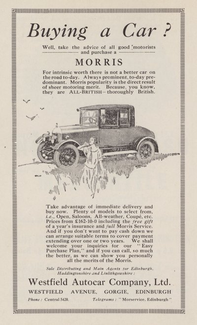 Anúncio para carros Morris, 1926 de English School