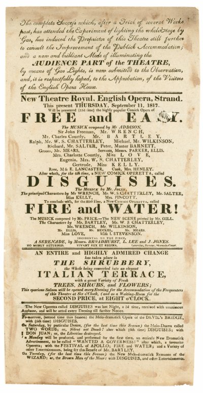 Anúncio para o New Theatre Royal, o English Opera, Strand, Londres, para 11 de setembro de 1817, mencionando a iluminação a gás de English School