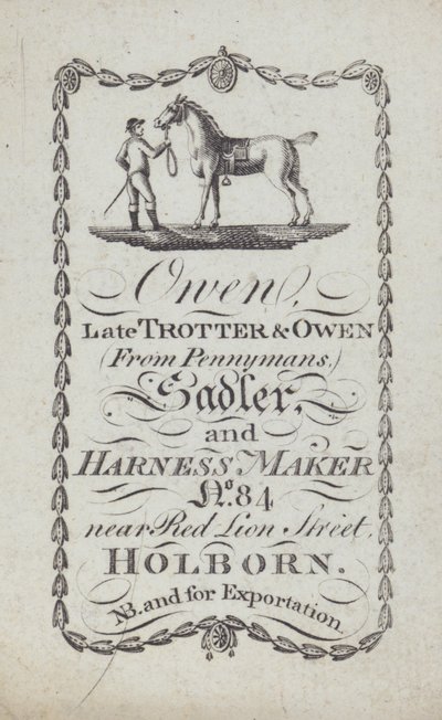 Anúncio de Owen, seleiro e fabricante de arreios, Londres (litografia) de English School