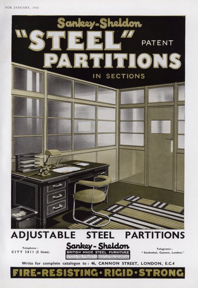 Anúncio para as divisórias de aço de Sankey-Sheldon, 1937 de English School