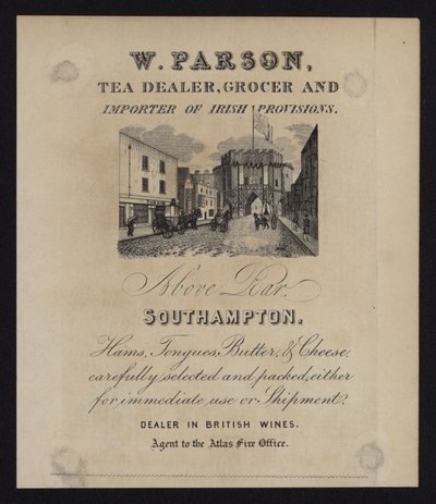 Anúncio para W Parson, comerciante de chá, dono da mercearia e importador de provisões irlandesas, Southampton, Hampshire de English School