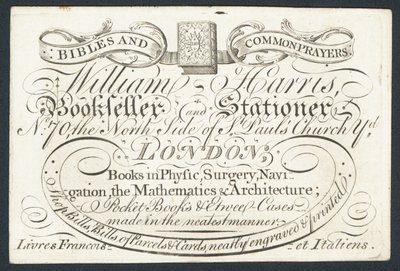 Anúncio para William Harris, vendedor de livros e papelaria, Londres de English School