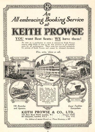 Anúncio para os serviços de reserva de bilhetes da Keith Prowse & Co, Ltd (litho) de English School