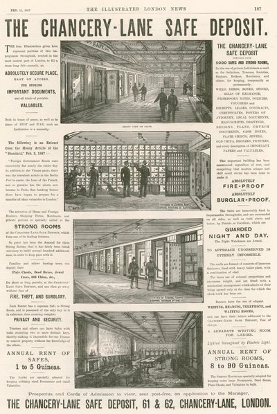 Propaganda para o depósito seguro de Lane Chancery, 61-62 Chancery Lane, Londres; de English School