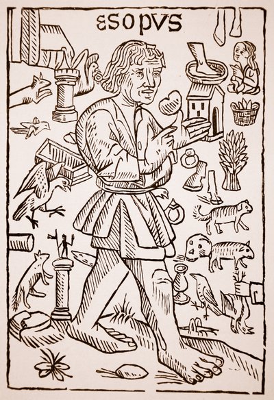 Esopo, frontispício de Aesops Fables por William Caxton (c.1422-91), 1434 (foto sépia) de English School