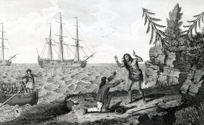 Afetando a entrevista de dois homens Mokito, ilustração tirada de Moores Voyages and Travels, 1778 de English School