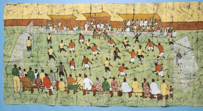 Batik Africano ilustrando um jogo de futebol com multidões assistindo nas arquibancadas (têxtil) de English School