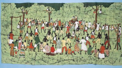 Batik Africano, ilustrando e jogo de futebol com os espectadores assistindo (têxtil) de English School