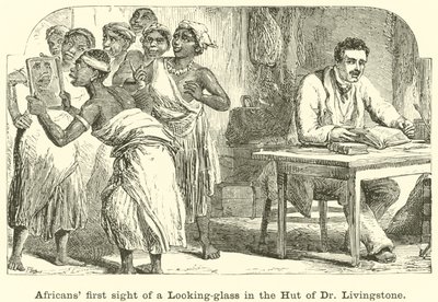 Africanos primeira vista de um espelho na cabana do Dr. Livingstone de English School