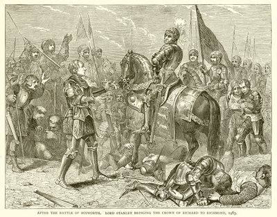Depois da Batalha de Bosworth. Lord Stanley trazendo a coroa de Richard para Richmond, 1483 de English School