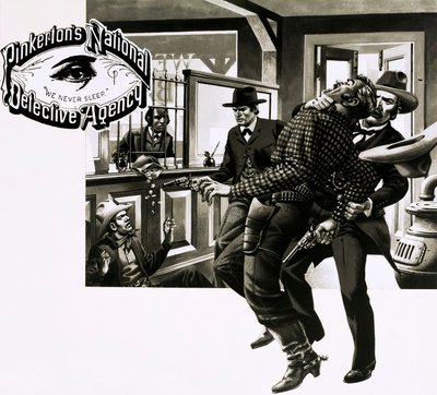 Agentes da Pinkerton Detective Agency que prendem assaltantes de bancos (guache no papel) de English School