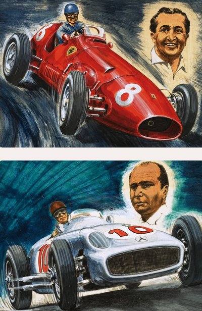 Alberto Ascari dirigindo um Maserati (em cima) e Juan Manuel Fangio dirigindo um Mercedes-Benz (abaixo) de English School