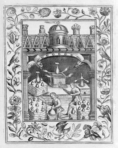 Laboratório de alquimia mostrando várias formas de fornos e vasos, tiradas do Theatrum Chemicum Britannicum por Elias Ashmole, 1652 de English School