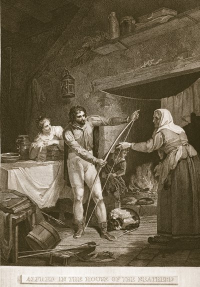 Alfred na casa do Neatherd, ilustração de David Humes A História da Inglaterra, pub. por R. Bowyer, Londres, 1812 de English School